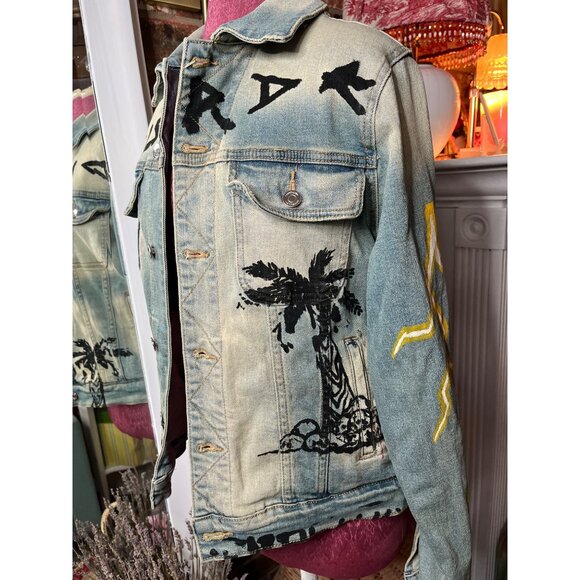 Unisex "Embellish" Custom Painted Distressed Denim Jacket With Painted Graphics - Picture 8 of 16